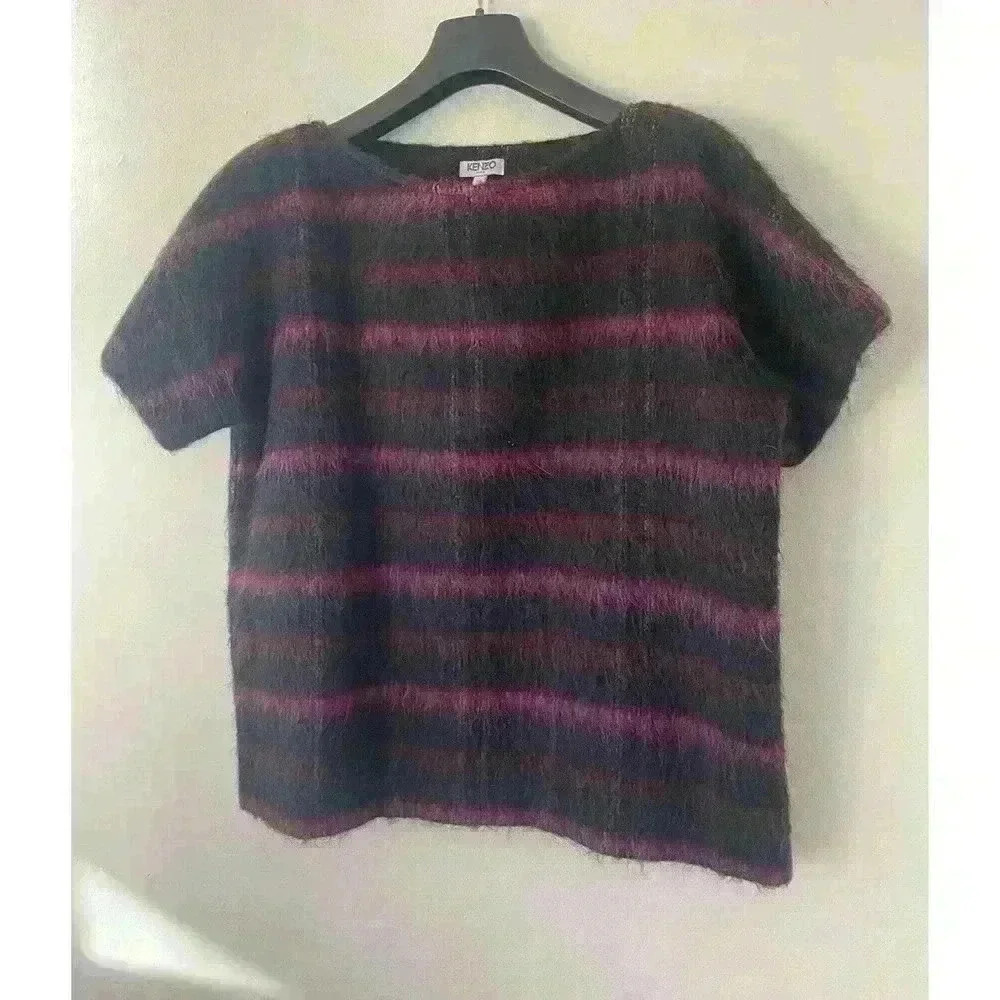 KENZO Paris Black Pink Plaid Top Alpaca Wool Blend Designer Size 36